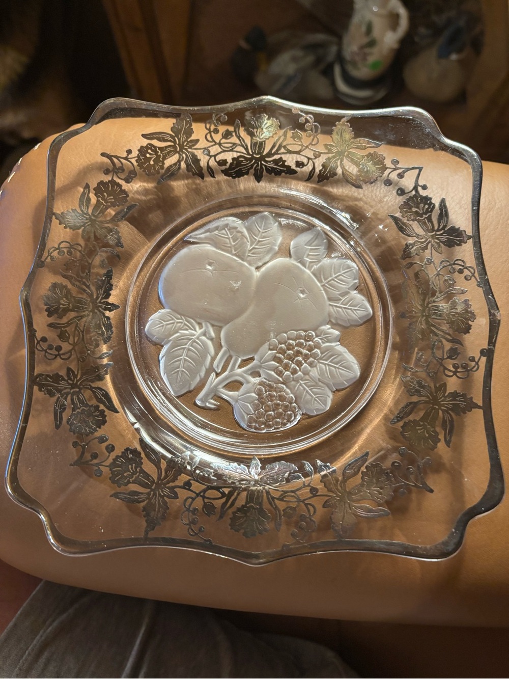 Vintage Imperial Glass Intaglio Fruit Embossed Decorative Salad Plate